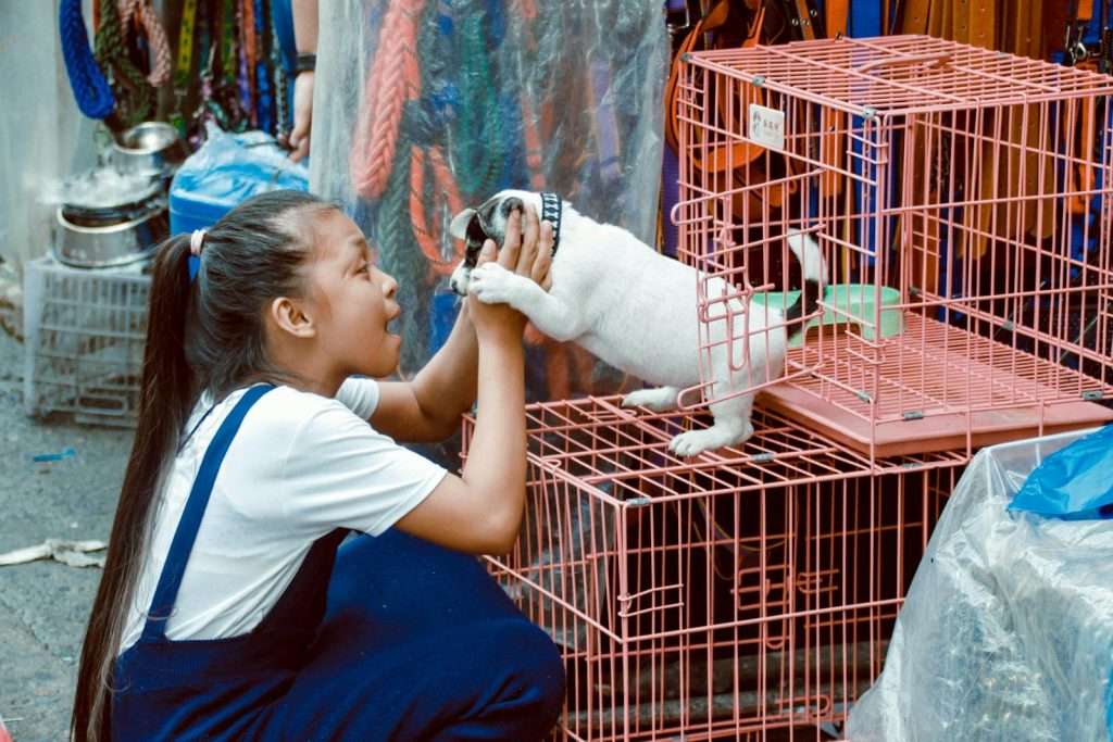 A young girl interacts with a playful puppy in a bustling Manila market setting.